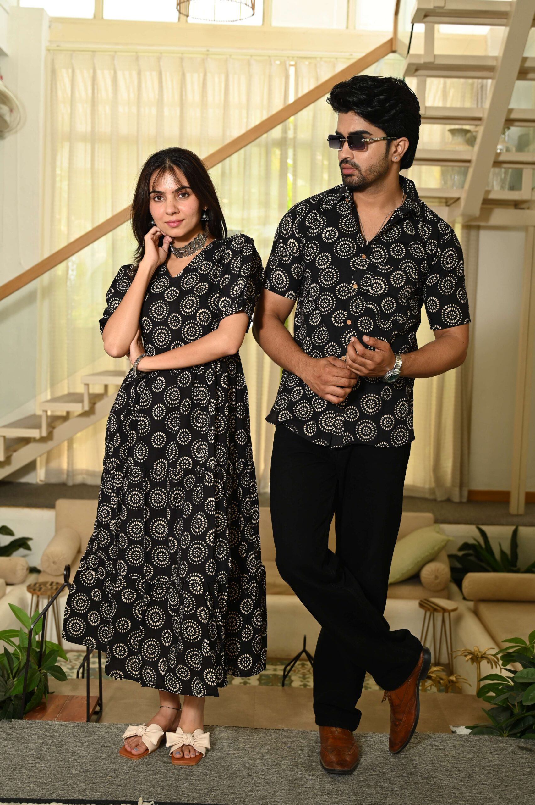 Couple Matching Black floral Printed Cotton Anarkali Midi Dress & Shirt Set ? Summer Casual Wear - Image 2